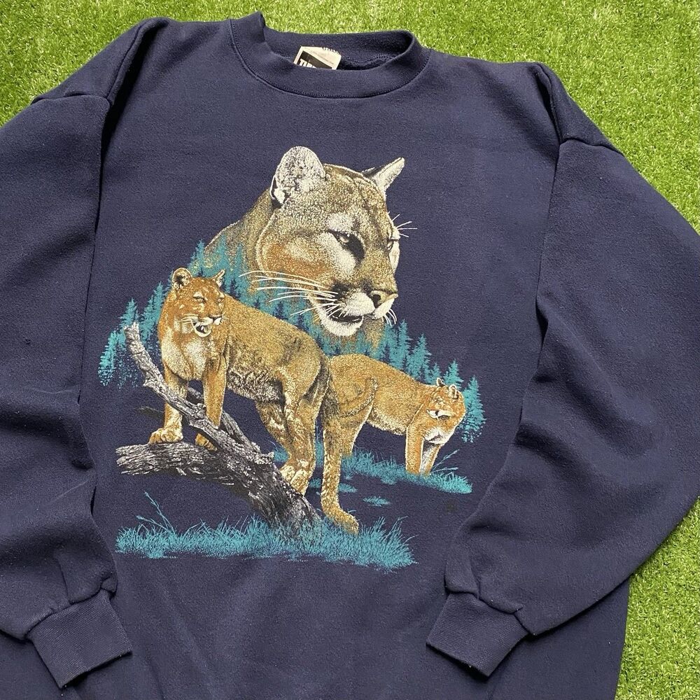 Vintage 90s Florida Panther Animal Nature Crewneck Sweatshirt Navy Men's 2XL - Picture 2 of 14